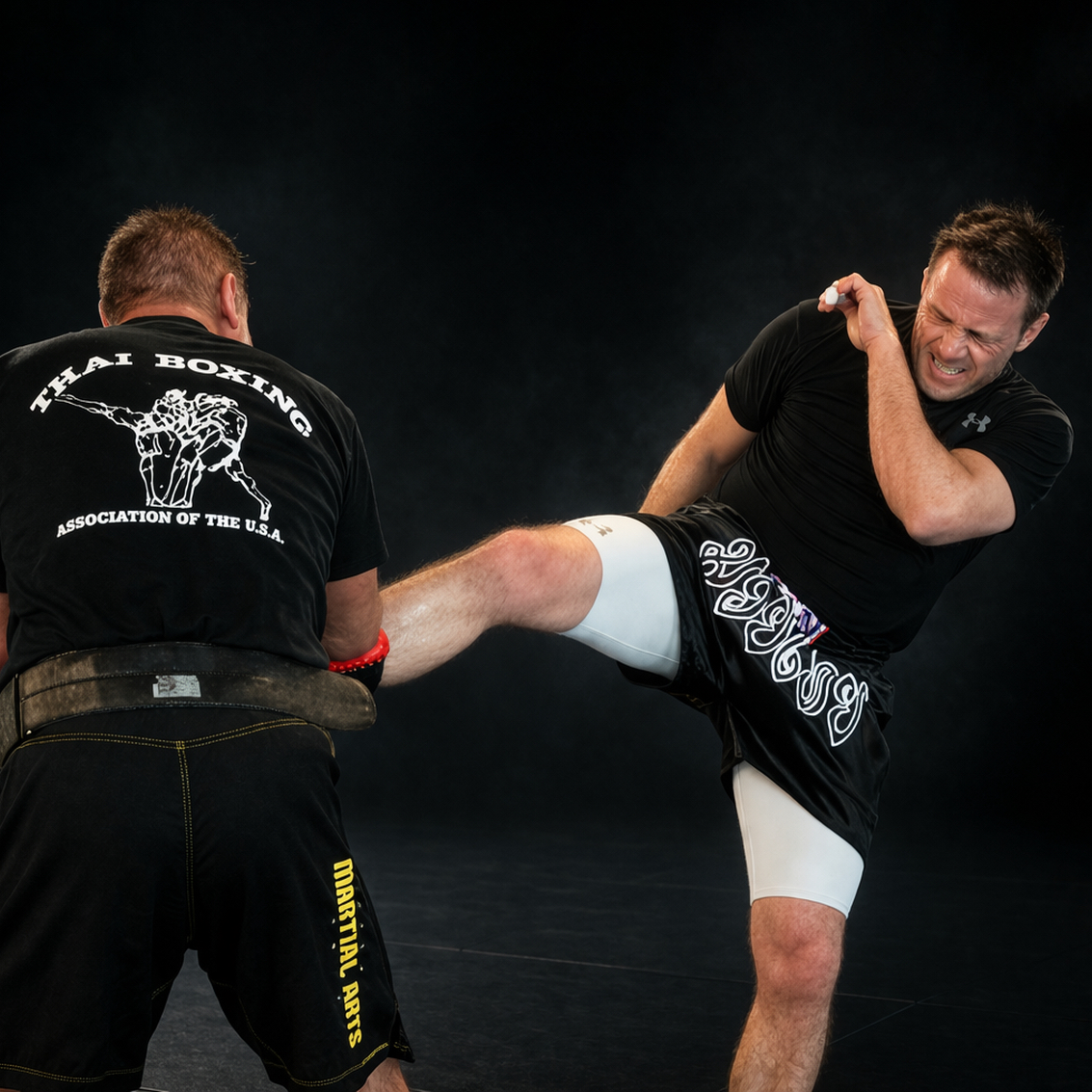 Alan Baker practicing a Thai Boxing kick with a partner