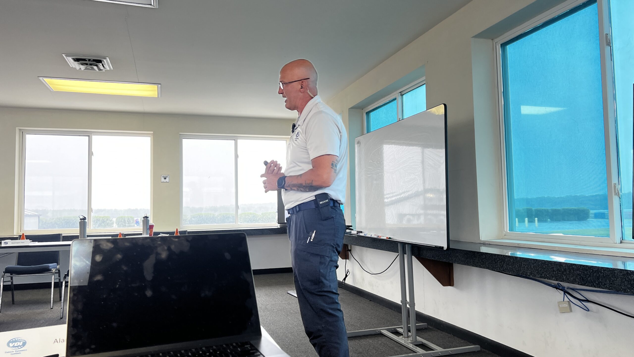 Jay Aretino teaching protective driving concepts in the Pocono Raceway classroom.