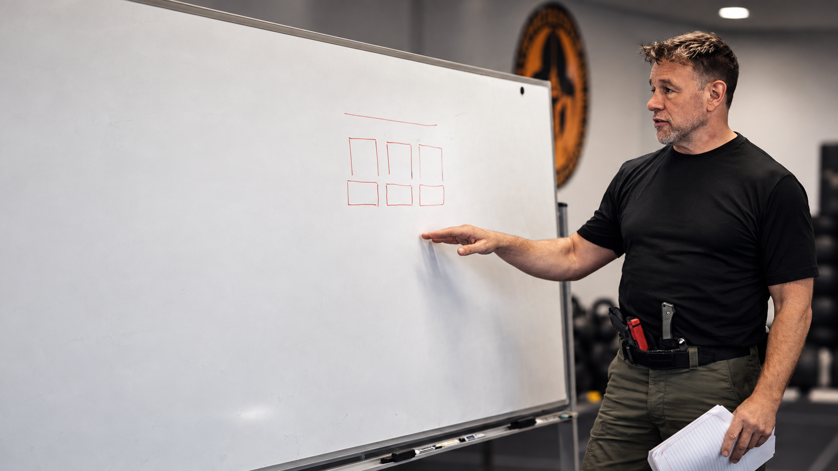 Alan Baker teaching beside a whiteboard in a training room