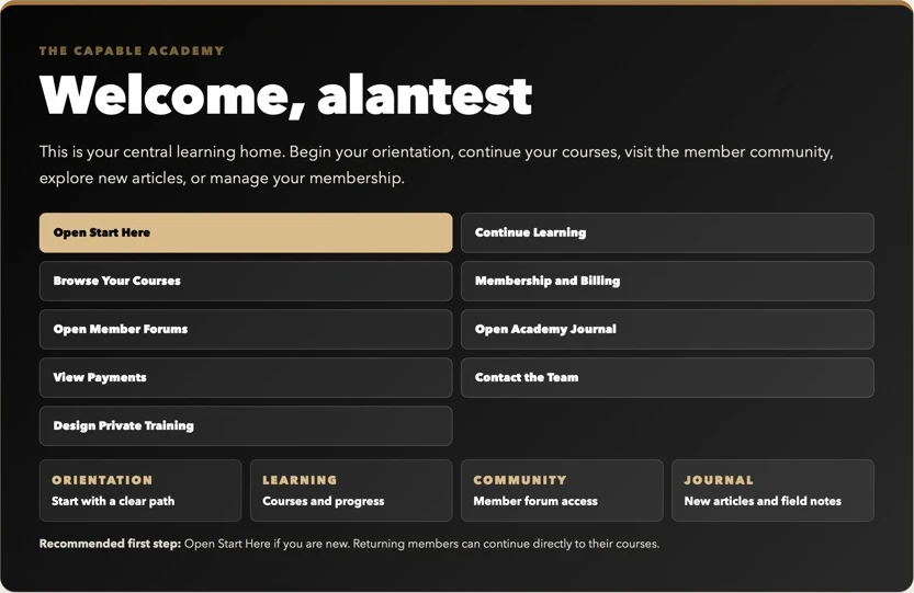 Student dashboard with Start Here, Continue Learning, course access, member forums, and team contact buttons