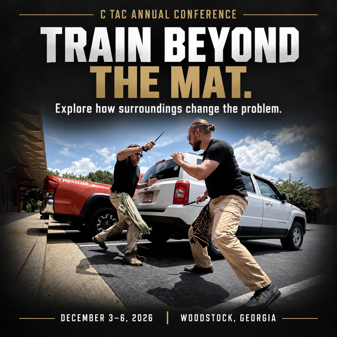 Train beyond the mat. Explore how surroundings change the problem. C Tac instructors demonstrate training outside beside vehicles.