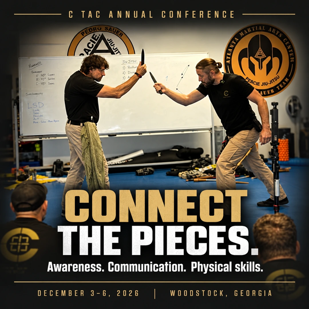 Connect the pieces. Awareness, communication and physical skills. Alan Baker demonstrates connected training to a class.